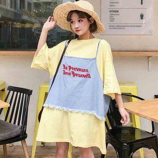 Set: Spaghetti Strap Denim Top + Elbow-sleeve Oversized T-shirt