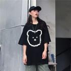 Bear Print Elbow-sleeve T-shirt Black - One Size