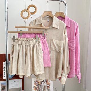 Set : Plain Oversize Shirt + High-waist Shorts