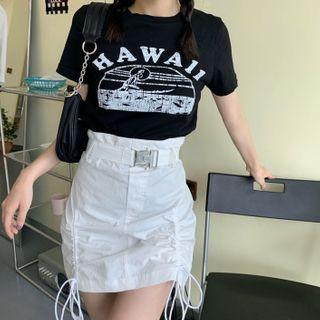 Print Short-sleeve T-shirt / Lace-up Slim-fit Skirt