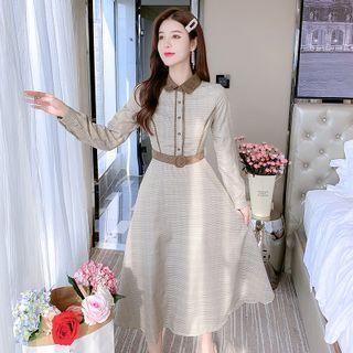 Long-sleeve Contrast Trim Plaid A-line Dress