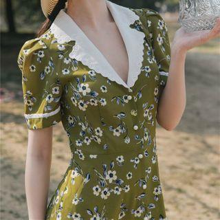 Contrast Collar Short-sleeve Floral A-line Dress