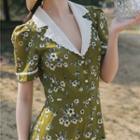 Contrast Collar Short-sleeve Floral A-line Dress