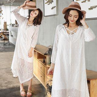 Fringe Hem Embroidered 3/4 Sleeve Dress