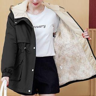 Drawstring Waist Fleece-lined Hooded Jacket