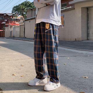 Bear Print Plaid Straight Cut Drawstring Pants