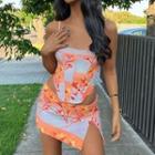 Set: Straps Floral Crop Corset Top + Slit Mini A-line Skirt