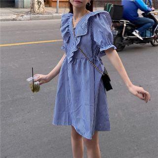 Puff-sleeve Striped Ruffled A-line Dress Stripe - Blue - One Size