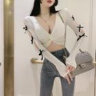 Long-sleeve Ribbon Twisted Crop Top White - One Size