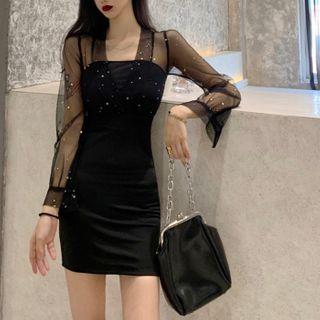 Glitter Mesh Panel Long-sleeve Mini Sheath Dress