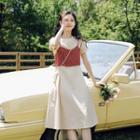 Set: Balloon-sleeve A-line Dress + Plaid Camisole Top