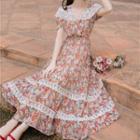 Lace Trim Floral Print Short-sleeve Maxi A-line Dress