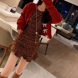 Long-sleeve Flower Print Mini Sheath Dress / Bow Detail Cardigan
