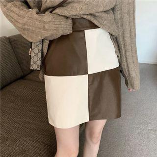 Two-tone Check Pu Mini Skirt
