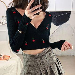 Long-sleeve Cherry Embroidered Cropped Knit Top Black - One Size