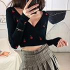 Long-sleeve Cherry Embroidered Cropped Knit Top Black - One Size