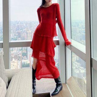 Set: Knit Top + Asymmetric Midi Skirt