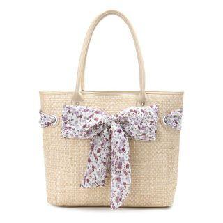 Bow-accent Woven Tote Beige - One Size