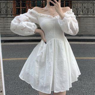 Off-shoulder Ruffle Trim Ruched Mini A-line Dress