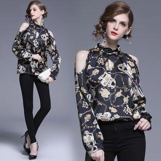 Printed Cold Shoulder Long-sleeve Top As Shown In Figure - One Size