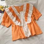Lace-panel Ruffled V-neck Blouse Tangerine - One Size