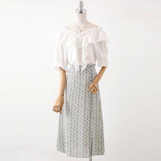 Elbow-sleeve Ruffle Trim Blouse / Floral Print Midi Skirt / Set