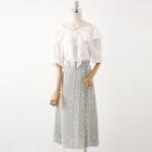 Elbow-sleeve Ruffle Trim Blouse / Floral Print Midi Skirt / Set