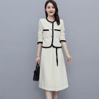 Set: Contrast Trim Jacket + Spaghetti Strap Bow Detail A-line Dress