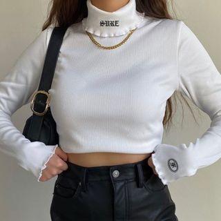Turtleneck Letter Embroidered Ribbed T-shirt