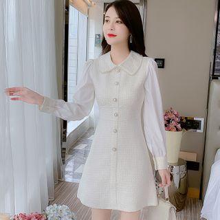 Puff-sleeve Paneled Tweed A-line Dress
