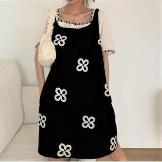 Embroidered Mini A-line Pinafore Dress
