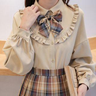 Bow Neck Ruffle Trim Shirt