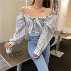 Off-shoulder Striped Blouse Gray Stripes - White - One Size