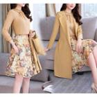 Set: Chiffon Blouse + Flower Print A-line Skirt + Open Front Coat