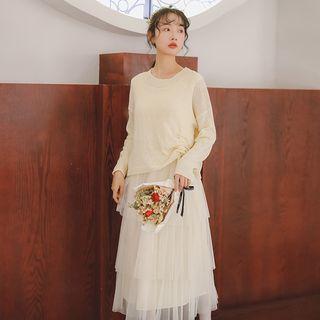 Set: Drawstring Sweater + Layered Mesh Panel Sleeveless Dress
