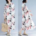 Flower Print Long-sleeve Midi A-line Dress As Shown In Figure - One Size