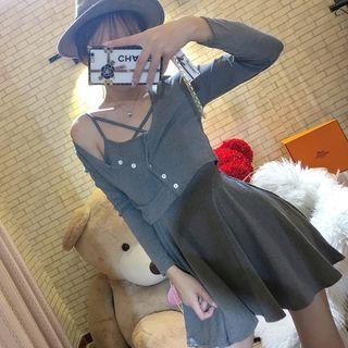 Set: Strappy A-line Knit Dress + Light Jacket