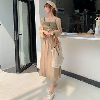 Set: Long-sleeve Midi A-line Dress + Camisole Top Set - Dusky Green Camisole Top & Dress - Khaki - One Size