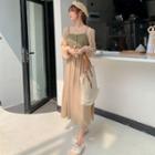 Set: Long-sleeve Midi A-line Dress + Camisole Top Set - Dusky Green Camisole Top & Dress - Khaki - One Size