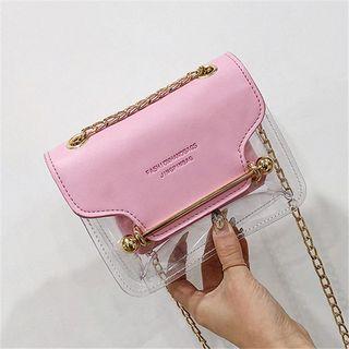 Color Block Flap Cover Clear Panel Satchel With Chain Strap