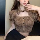 Short-sleeve Cut-out Leopard Print Blouse