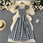 Short-sleeve Square-neck Plaid A-line Midi Dress