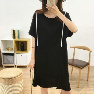 Elbow-sleeve Contrast Trim Chiffon Dress