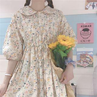 Elbow-sleeve Floral Print A-line Shirtdress Almond - One Size