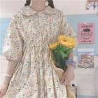 Elbow-sleeve Floral Print A-line Shirtdress Almond - One Size