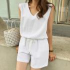 Set: Linen Blend Sleeveless Top + Drawstring-waist Shorts