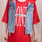 Nursery Set: Hooded Print Dress + Denim Vest