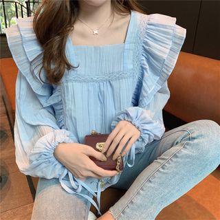 Ruffle Trim Long-sleeve Square-neck Blouse Light Blue - One Size