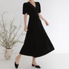 Short-sleeve Velvet V-neck Midi A-line Dress