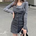 Denim Jumper Dress + Round-neck Long-sleeve Top